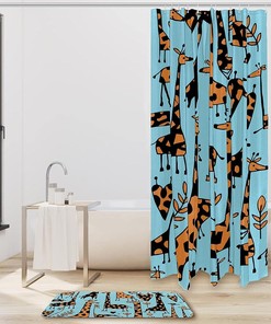 Blue Giraffe Animal Printing Waterproof Fabric Bathroom Shower Curtain