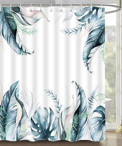 Blue Gold Leaves Shower Curtain - Tropical Bathroom Decor 