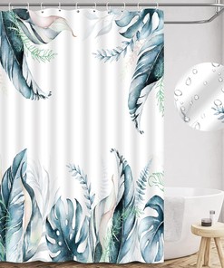 Blue Gold Leaves Shower Curtain - Tropical Bathroom Decor