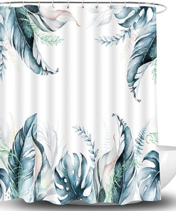 Blue Gold Leaves Shower Curtain - Tropical Bathroom Decor 