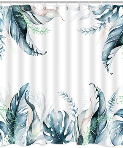Blue Gold Leaves Shower Curtain - Tropical Bathroom Decor 