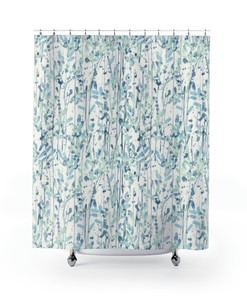 Blue Green Botanical Boho Shower Curtain, Modern Fabric Home Decor