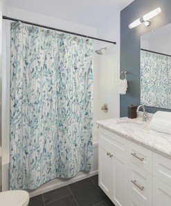 Blue Green Botanical Boho Shower Curtain, Modern Fabric Home Decor