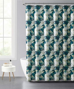 Blue Green White Fabric Shower Curtain - Modern Geometric Bathroom Decor 