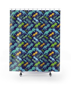 Blue Green Yellow Dinosaur Shower Curtain - Dino Themed Bathroom Decor 