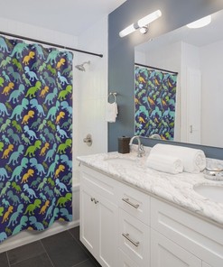 Blue Green Yellow Dinosaur Shower Curtain - Dino Themed Bathroom Decor