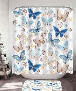 Blue Hues Butterflies Shower Curtain - Nature Inspired Bathroom Decor 