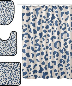 Blue Leopard Spot Shower Curtain with Matching Mat and Contour - Unique Bathroom Decor 