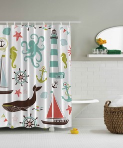 Blue Lotus Palm Leaves Shower Curtain - Botanical Bathroom Decor 