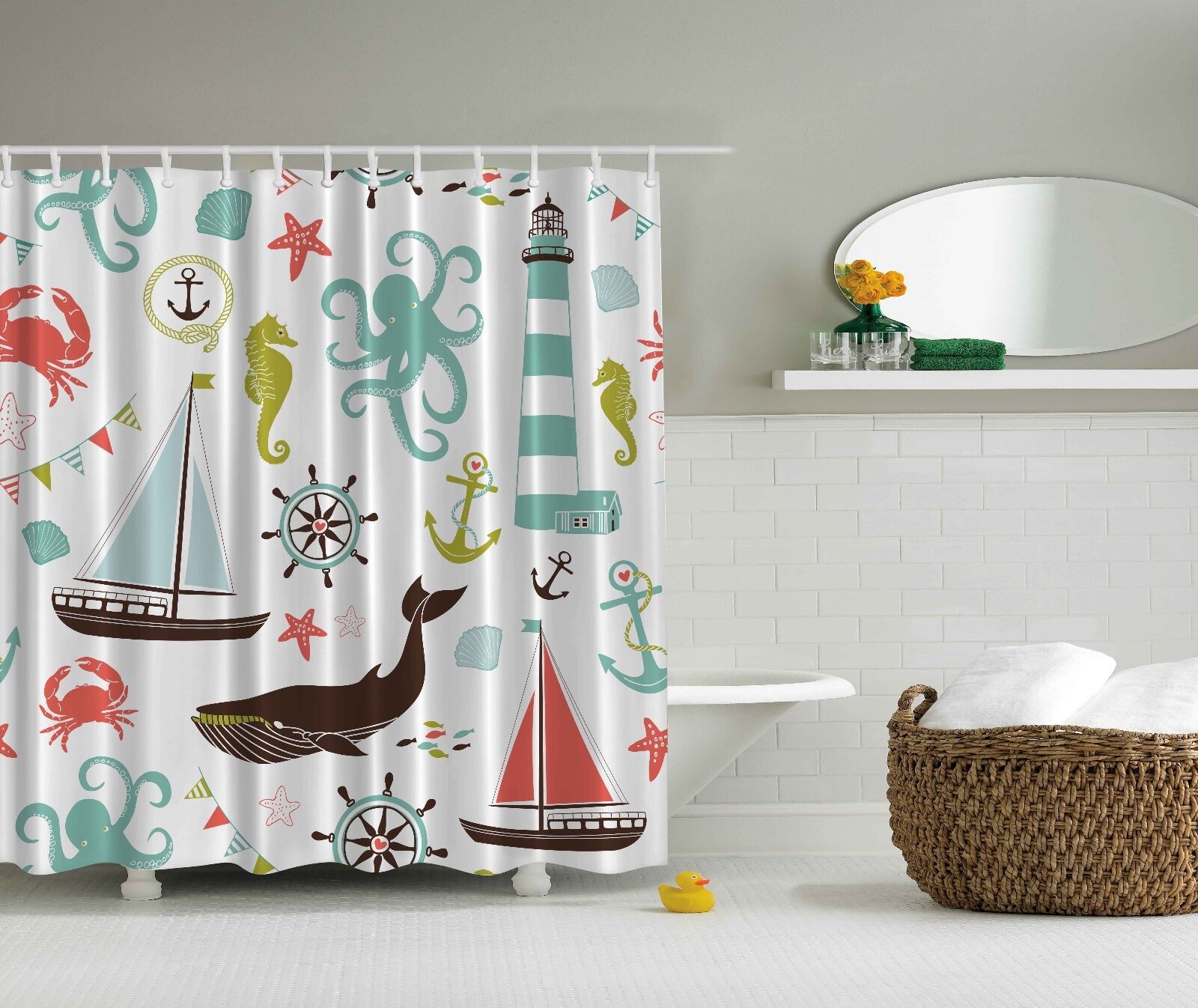 Blue Lotus Palm Leaves Shower Curtain - Botanical Bathroom Decor