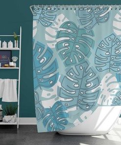 Blue Monstera Leaves Graphic Shower Curtain - Tropical Bathroom Decor 