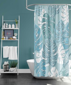 Blue Monstera Leaves Graphic Shower Curtain - Tropical Bathroom Decor
