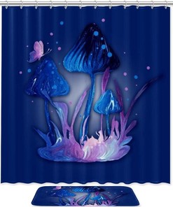 Blue Mushroom Purple Butterfly Printing Waterproof Fabric Shower Curtain - Home Decor 