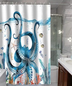 Blue Ocean Fish Starfish Shower Curtain - Animal Fabric Bath Curtain with Underwater Theme
