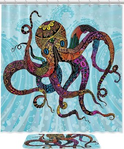 Blue Octopus Shower Curtain in Waterproof Fabric for Bathroom Decoration