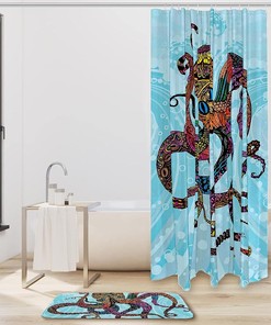 Blue Octopus Shower Curtain in Waterproof Fabric for Bathroom Decoration