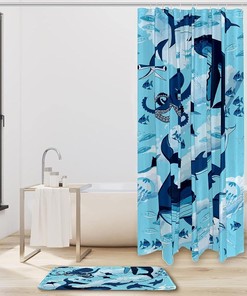 Blue Octopus and Shark Ocean Shower Curtain in Waterproof Fabric for Bathroom Decor