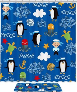 Blue Penguin Octopus Anchor Fabric Shower Curtain - Waterproof for Bathroom Decor