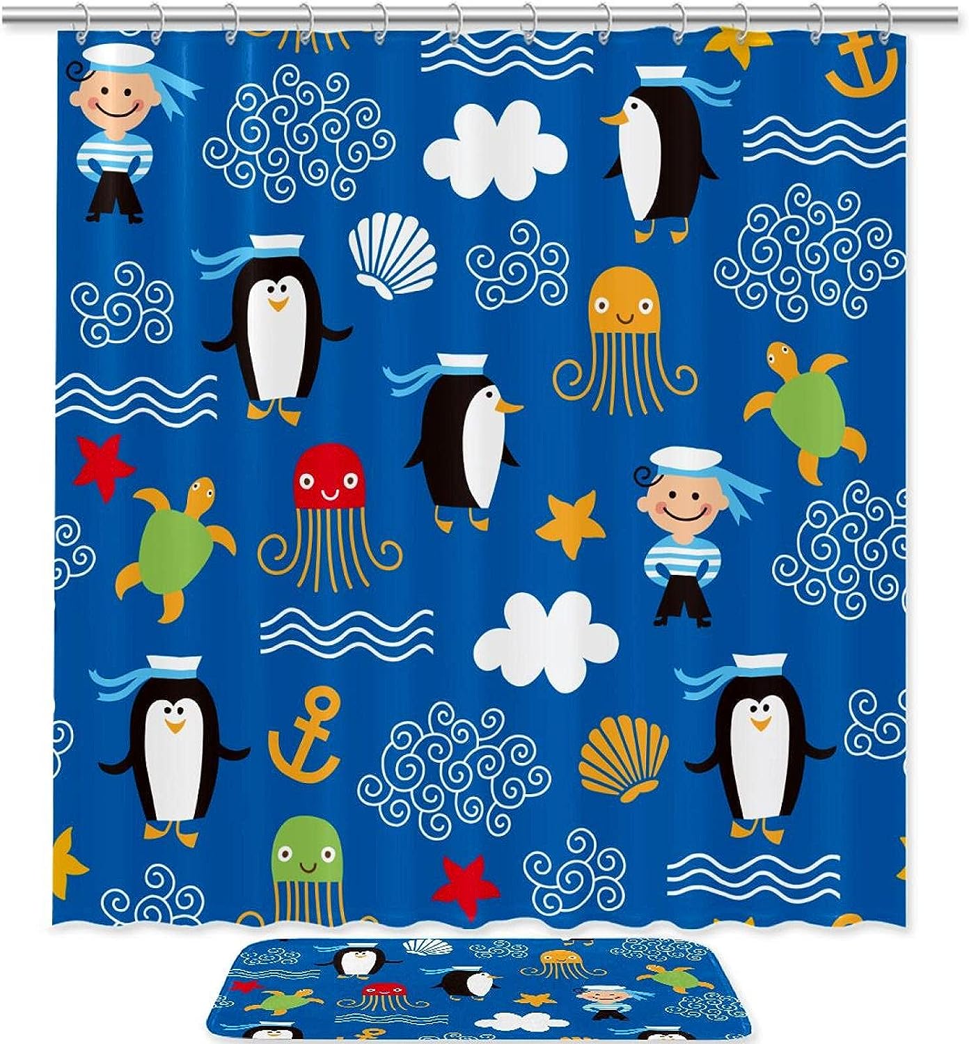 Blue Penguin Octopus Anchor Fabric Shower Curtain - Waterproof for Bathroom Decor