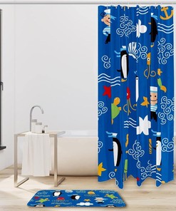 Blue Penguin Octopus Anchor Fabric Shower Curtain - Waterproof for Bathroom Decor