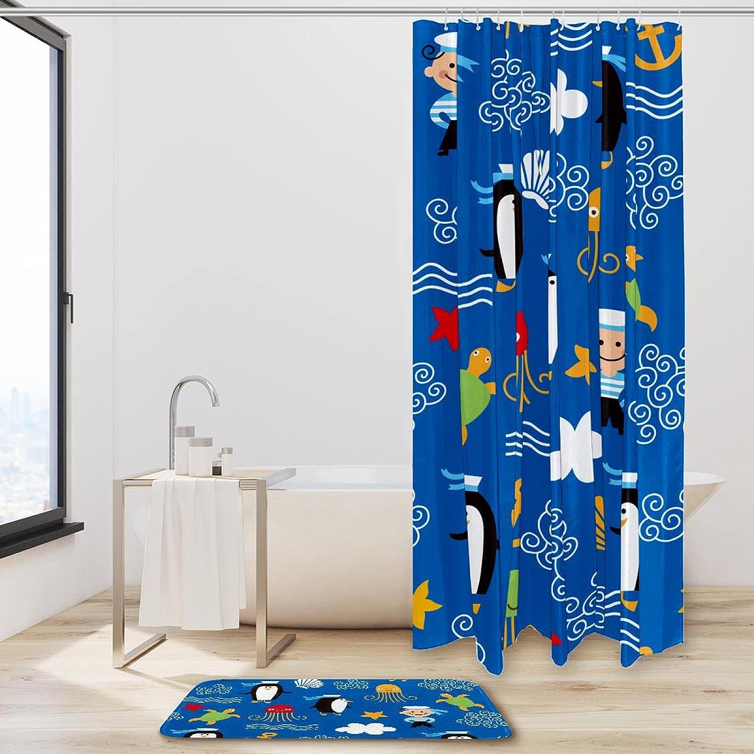 Blue Penguin Octopus Anchor Fabric Shower Curtain - Waterproof for Bathroom Decor