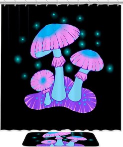 Blue Pink Mushroom Printing Waterproof Fabric Bathroom Shower Curtain - Home Decor