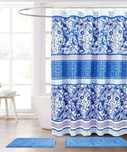 Blue Purple Boho Fabric Shower Curtain - Floral Damask Geometric Border Design