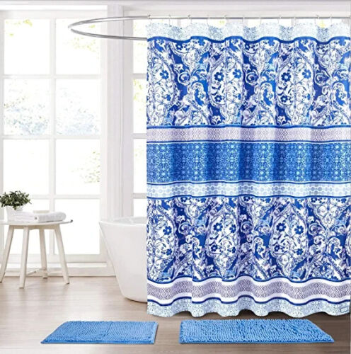 Blue Purple Boho Fabric Shower Curtain - Floral Damask Geometric Border Design