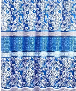 Blue Purple Boho Fabric Shower Curtain - Floral Damask Geometric Border Design