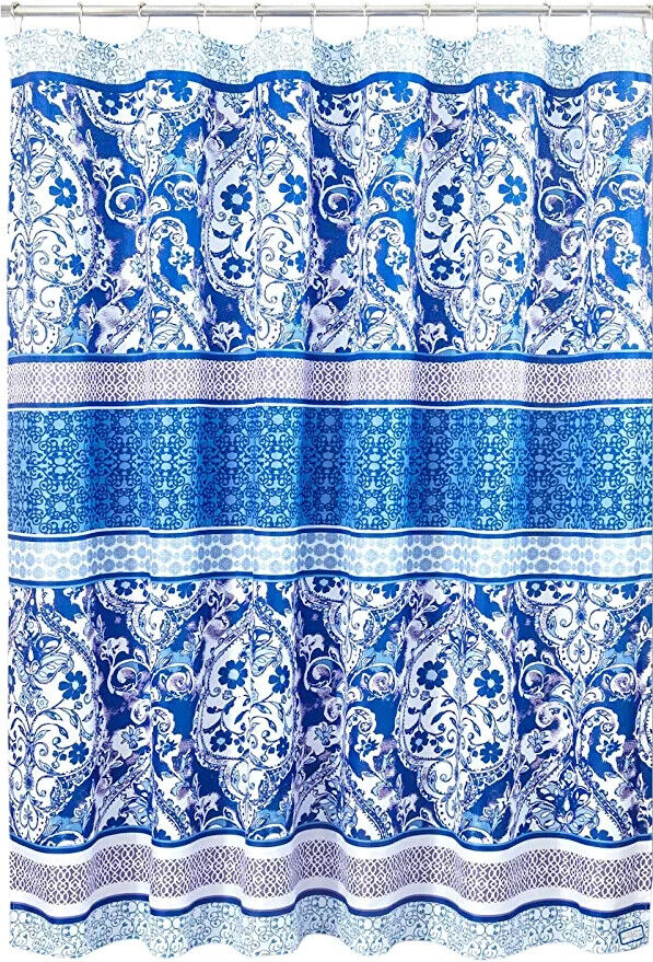 Blue Purple Boho Fabric Shower Curtain - Floral Damask Geometric Border Design