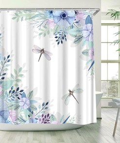 Blue Purple Flower Dragonfly Shower Curtain - Spring Blooming Leaves Botanical Art Print for Women and Girls