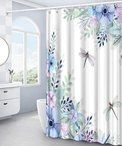 Blue Purple Flower Dragonfly Shower Curtain - Spring Blooming Leaves Botanical Art Print for Women and Girls