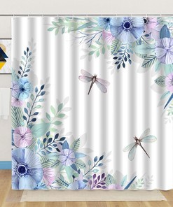 Blue Purple Flower Dragonfly Shower Curtain - Spring Blooming Leaves Botanical Art Print for Women and Girls