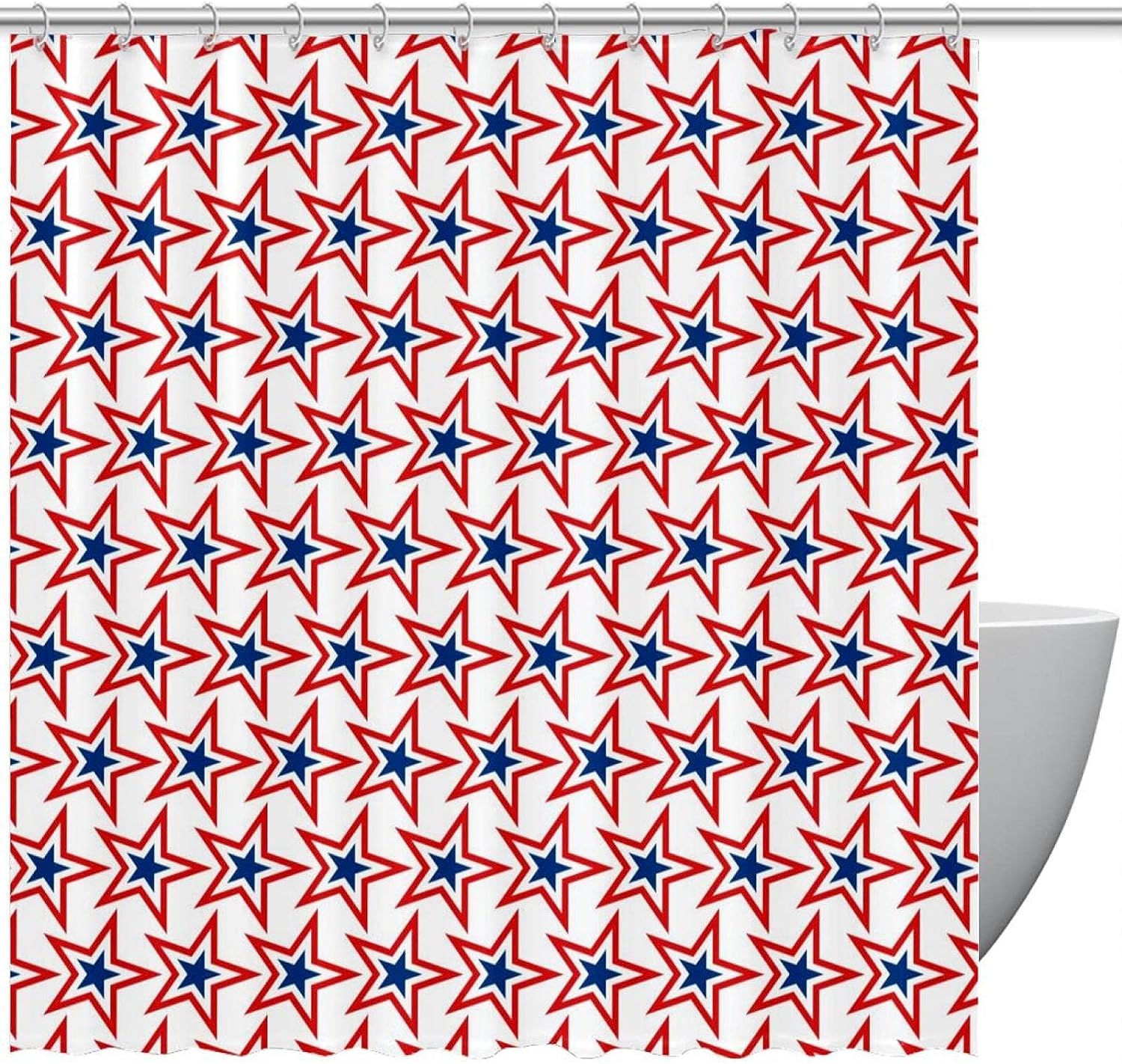 Blue Red Star Pattern USA Shower Curtain - Patriotic Bathroom Accessory with Modern Design
