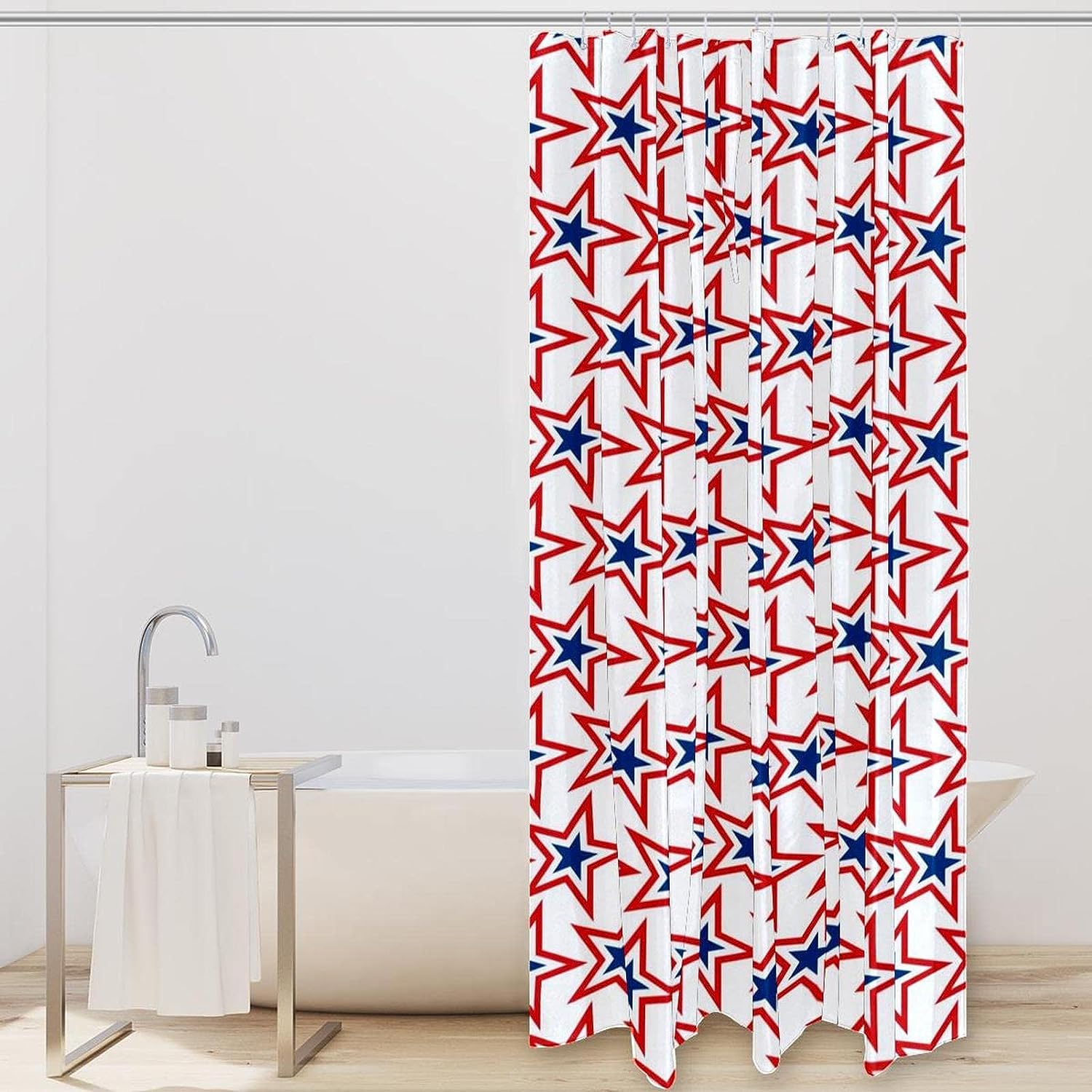 Blue Red Star Pattern USA Shower Curtain - Patriotic Bathroom Accessory with Modern Design