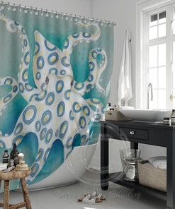 Blue Ring Octopus Art Shower Curtain - Ink Art Blue Vintage Map Design for Bathroom