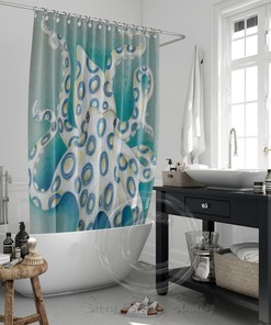 Blue Ring Octopus Art Shower Curtain - Ink Art Blue Vintage Map Design for Bathroom
