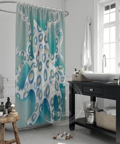 Blue Ring Octopus Art Shower Curtain - Ink Art Blue Vintage Map Design for Bathroom