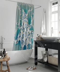 Blue Ring Octopus Art Shower Curtain - Ink Art Blue Vintage Map Design for Bathroom