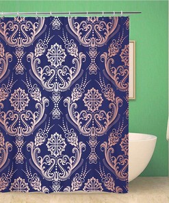 Blue Rose Gold Floral Damask Shower Curtain - Navy Bathroom Decor