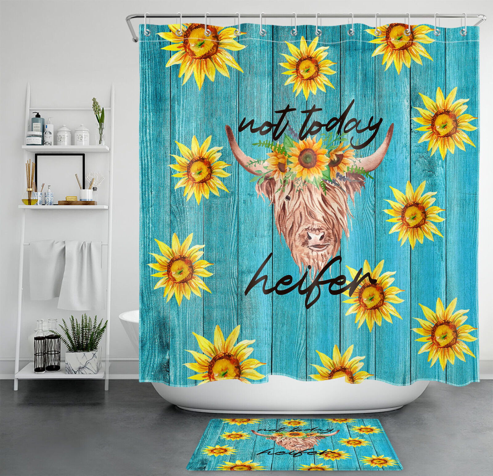 Blue Rustic Board Cow Sunflower Shower Curtain Farmhouse Bathroom