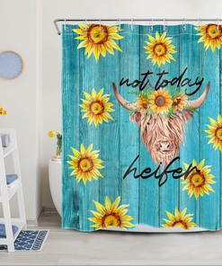 Blue Rustic Board Cow Sunflower Shower Curtain - Farmhouse Bathroom Decor with Rustic Plank Design