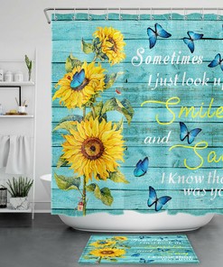 Blue Rustic Plank Butterfly Flowers Shower Curtain - Sunflower Bathroom Decor with Rustic Design