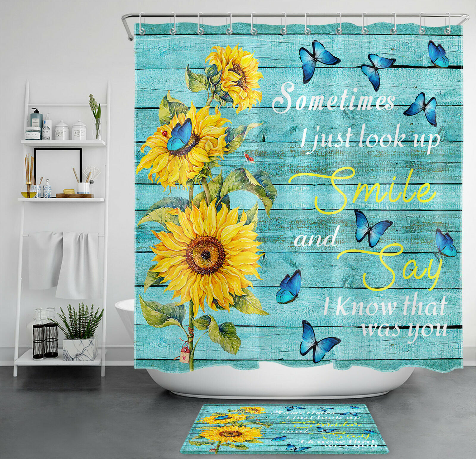 Blue Rustic Plank Butterfly Flowers Shower Curtain - Sunflower Bathroom Decor with Rustic Design