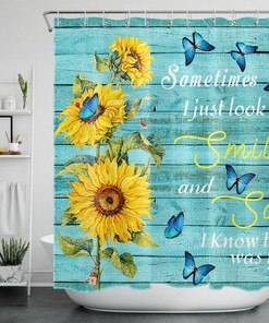 Blue Rustic Plank Butterfly Flowers Shower Curtain - Sunflower Bathroom Decor with Rustic Design