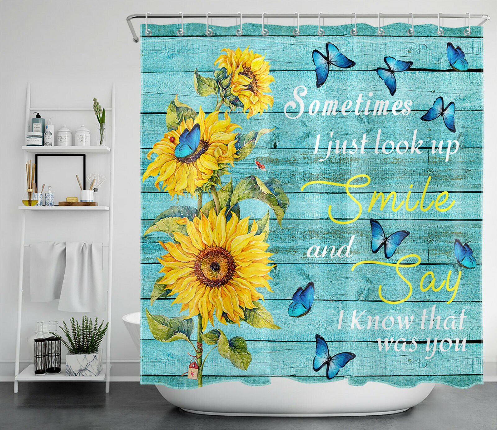 Blue Rustic Plank Butterfly Flowers Shower Curtain - Sunflower Bathroom Decor with Rustic Design