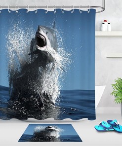 Blue Sea Water Jumping Big Shark Shower Curtain for Ocean-Themed Bathroom Decor