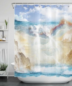 Blue Seascape Waterfall Marble Texture Shower Curtain - Bathroom Accessory with Unique Design