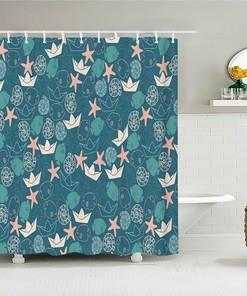 Blue Seashell Marine Bathroom Curtain - Underwater Theme Shower Curtain with Beach Decor