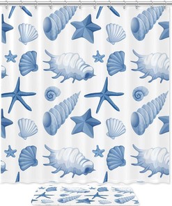 Blue Seashells Conch Pattern Waterproof Bathroom Shower Curtain - Bathroom Decor